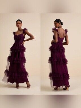 Lulus Pure Radiance Plum Purple Mesh Swiss Dot Tiered Maxi Dress M Wedding Party